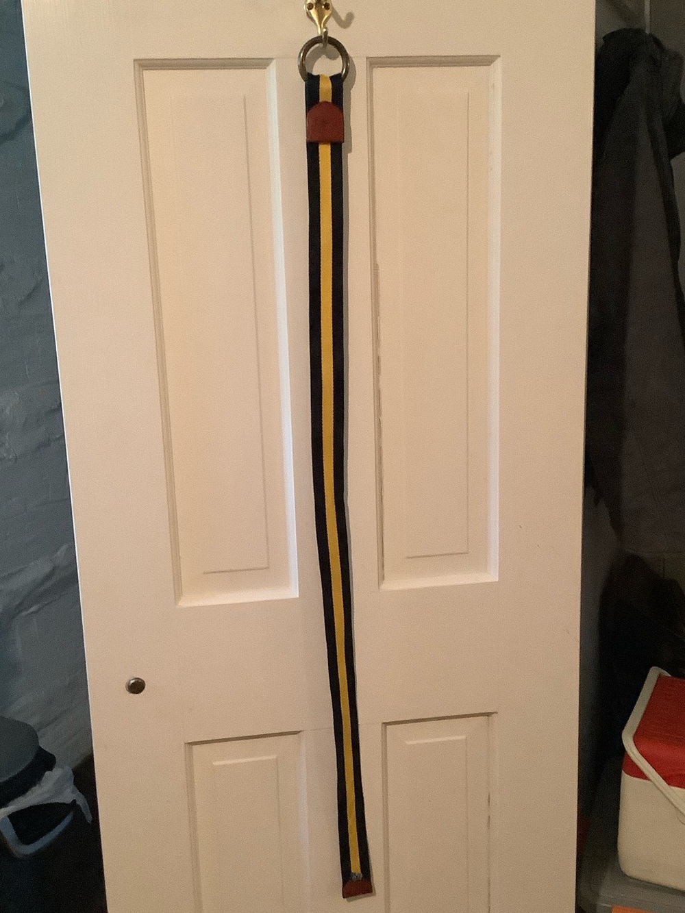Vintage Polo by Ralph Lauren Navy and Yellow Striped Canvas Belt w Leather Tab - Picture 4 of 6